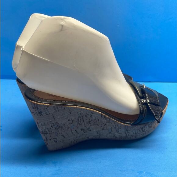 Francesco Morichetti Cork Wedge Black Leather Sandals Size 38 US 6 6.5 - Picture 5 of 12